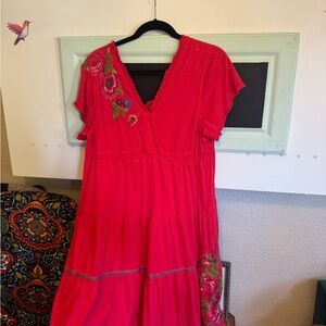 Johnny Was XL Floral Embroidered Red tiered cotton Dress